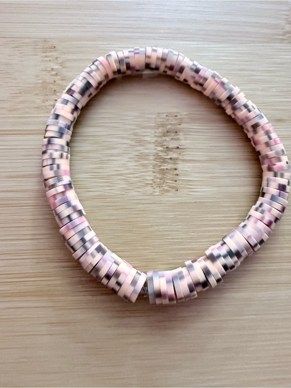 Pink Multi-Tone Heishi Stretch Bracelet with Silver Accents